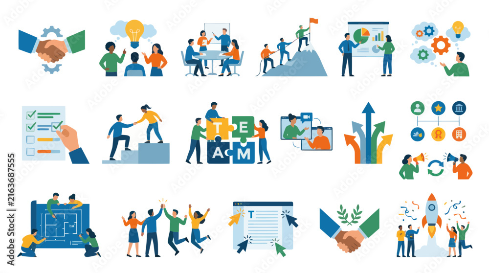 Fototapeta premium Modern Flat Vector Business Illustrations: Teamwork, Strategy, Innovation, and Corporate Success Concepts