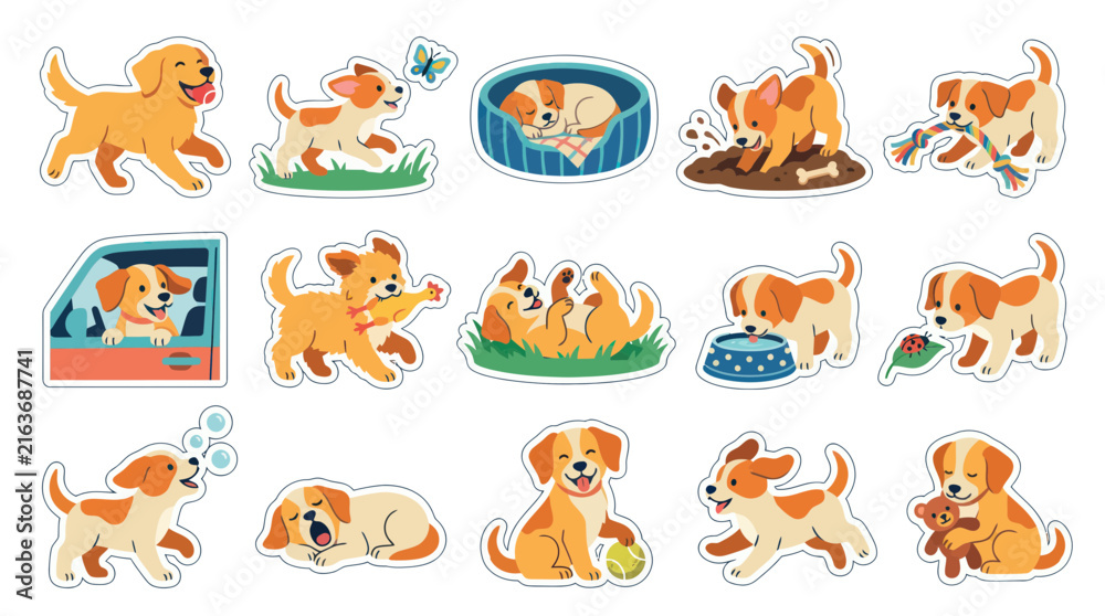 Obraz premium Cute Pet Dogs and Puppies Flat Vector Illustration Collection in Various Playful Poses and Activities