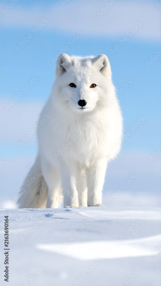 Obraz premium White arctic fox stands in snow, snowy landscape background