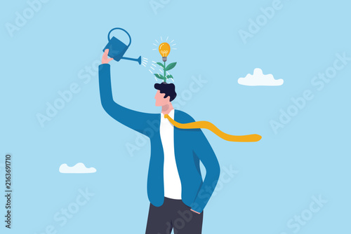 Growth improvement, personal development growing ambition, empowerment potential, resilience seedling, leadership learning, motivation, businessman watering his head for growing self seedling growth.