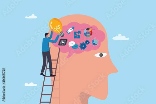 Upskill learning or study new skill, knowledge development for career training, artificial intelligence skill improvement, training brain thinking, man put lightbulb and books learning on human brain.