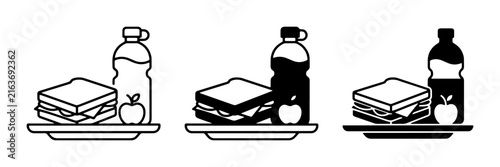 Lunchbox icons: sandwich, apple, drink bottle on plate, simple line art and silhouette styles for school or work meal planning