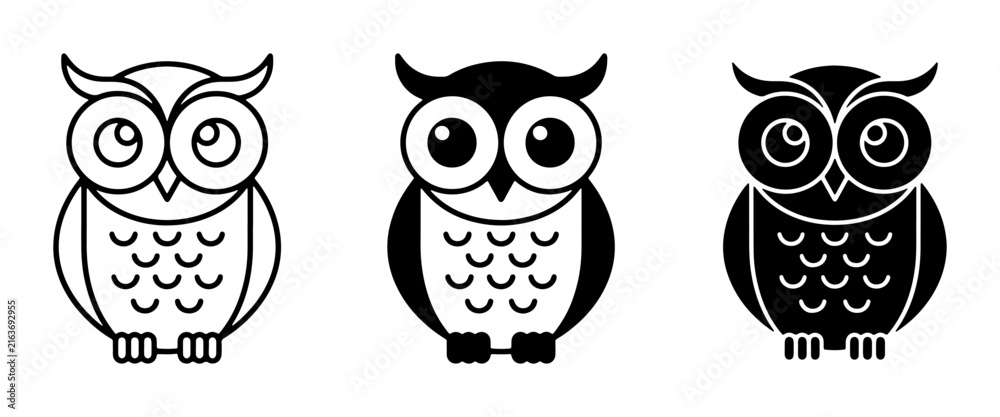 Fototapeta premium Cute Owl Icons Set, Black and White Vector Graphics, Woodland Creature Illustrations for Children's Designs