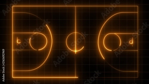 Neon basketball court diagram glowing white lines on black grid background digital animation abstract sports strategy planning game analysis technology concept.4k motion graphics video