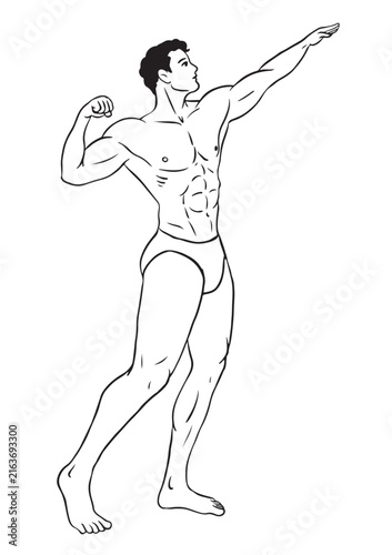 A bodybuilder takes off his shirt and stands showing off his physique.
Black Silhouette Vector Illustration,
Cartoon Sport and Wellness Drawing with Clean Outline Style
