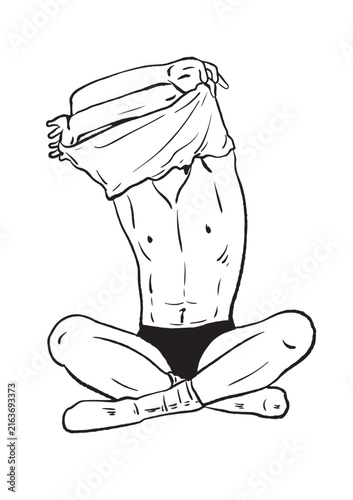A man is sitting and taking off his shirt.
Black Silhouette Vector Illustration,
Cartoon Sport and Wellness Drawing with Clean Outline Style
