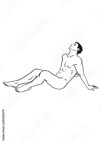 A man is practicing yoga and resting in a comfortable pose.
Black Silhouette Vector Illustration,
Cartoon Sport and Wellness Drawing with Clean Outline Style