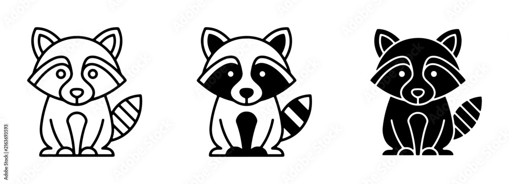 Obraz premium Cute Raccoon Icons, Vector Set of Stylized Raccoon Graphics, Simple Animal Illustrations for Wildlife Themes