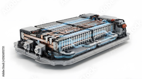 Modern EV battery pack with modular cells, liquid cooling channels and high voltage energy storage system for electric vehicle technology