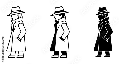 Canvas Print Detective Silhouette Icons, Spy Character Vector Set, Mysterious Man Outline Gra