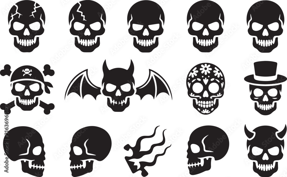 Obraz premium Black vector skull icons set for Halloween design and spooky creative projects