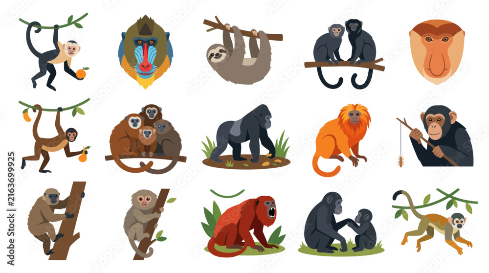 Naklejka premium Flat Style Vector Illustration of Various Monkeys and Apes