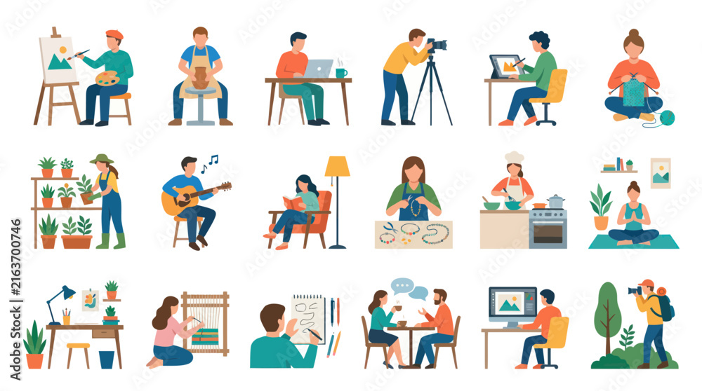 Fototapeta premium Diverse Flat Vector Illustrations of People Enjoying Hobbies, Creative Activities, and Leisure Pursuits