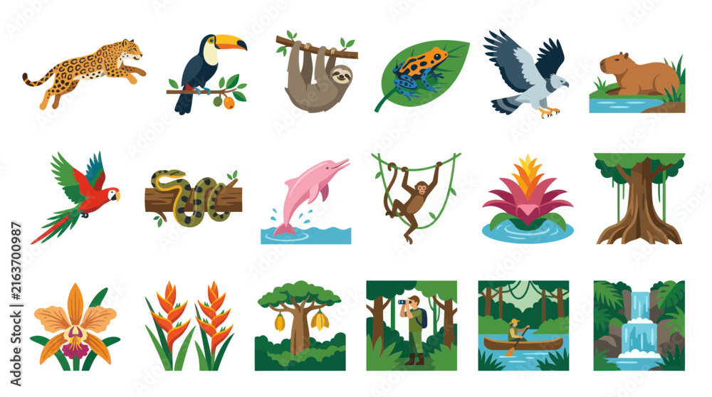 Obraz premium Amazon Rainforest Ecosystem Flat Vector Illustration Set with Wildlife, Flora, and Nature Icons