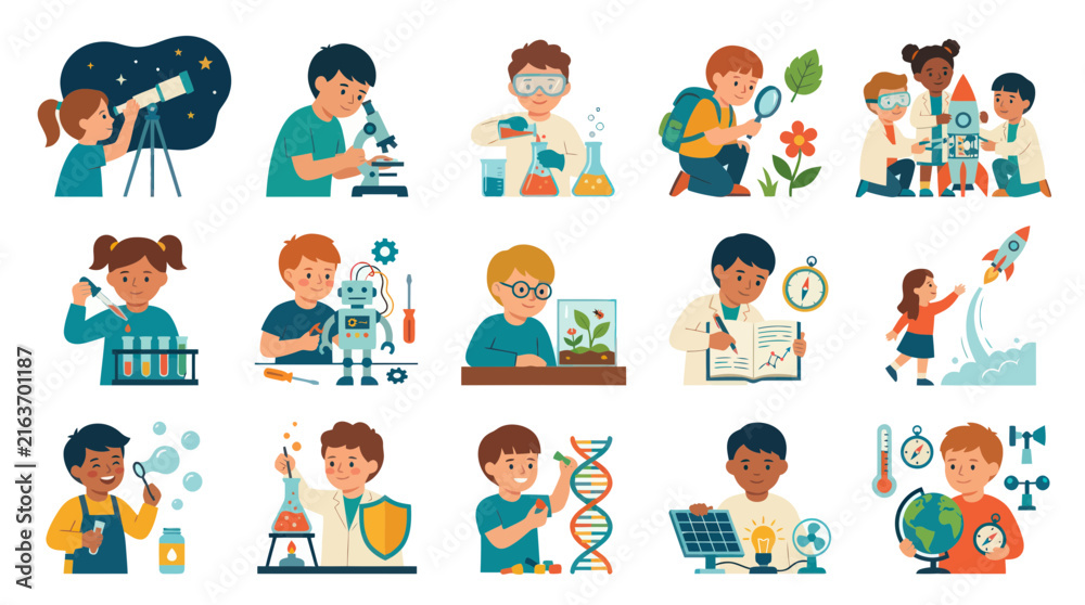 Fototapeta premium Flat Illustration of Diverse Children Learning Science and Technology in STEM Education