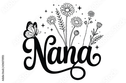 Floral ornament with butterfly and calligraphy text on white background