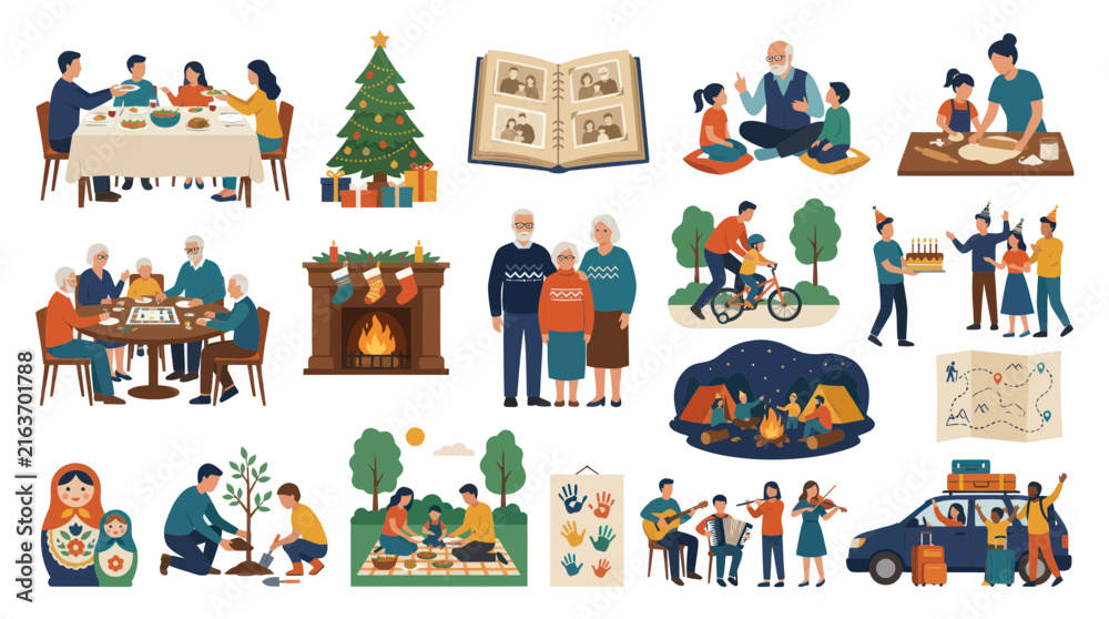 Fototapeta premium Flat Design Vector Family Lifestyle Activities Generations Illustration Set