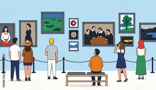 Art gallery vector illustration featuring visitors admiring various paintings displayed on a light blue wall in an exhibition hall
