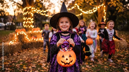 A young witch trick or treating on a festive halloween night with friends