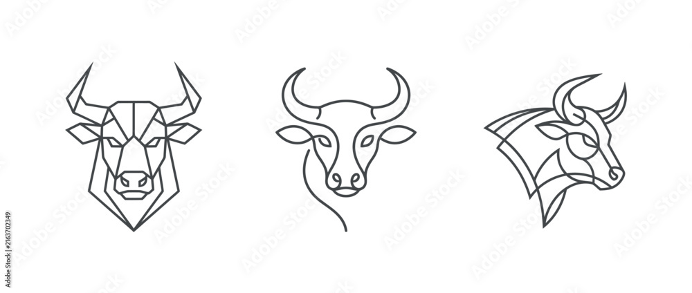 Fototapeta premium Minimalist line art illustrations of three distinct bull heads in black and white