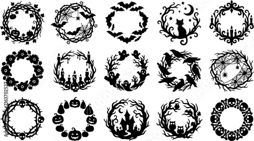 Set of halloween circular frames with spooky elements vector illustration