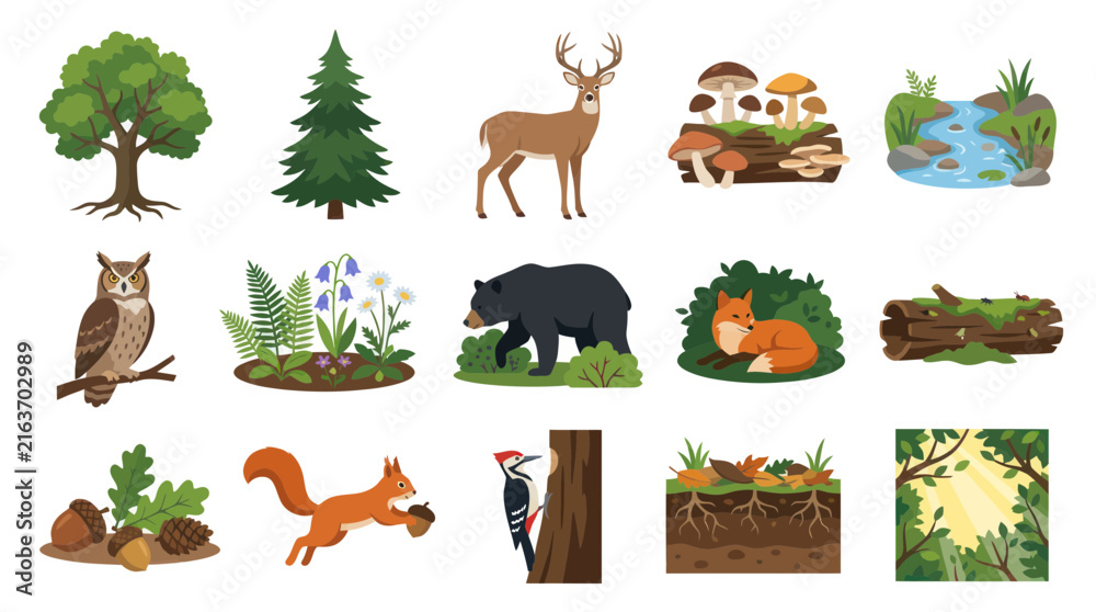 Obraz premium Flat Style Forest Nature Icons: Animals, Plants, Mushrooms, Stream, Wood