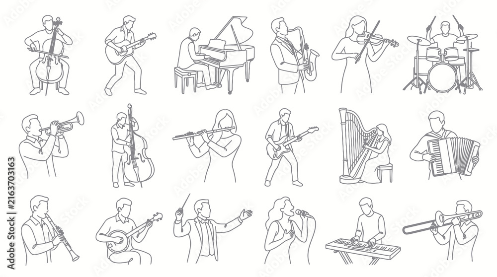 Fototapeta premium Diverse Musicians Playing Instruments Black and White Line Art Vector