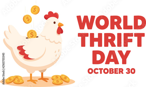 White chicken piggy bank with falling gold dollar coins and red text for thrift day on october 30 against a plain white background