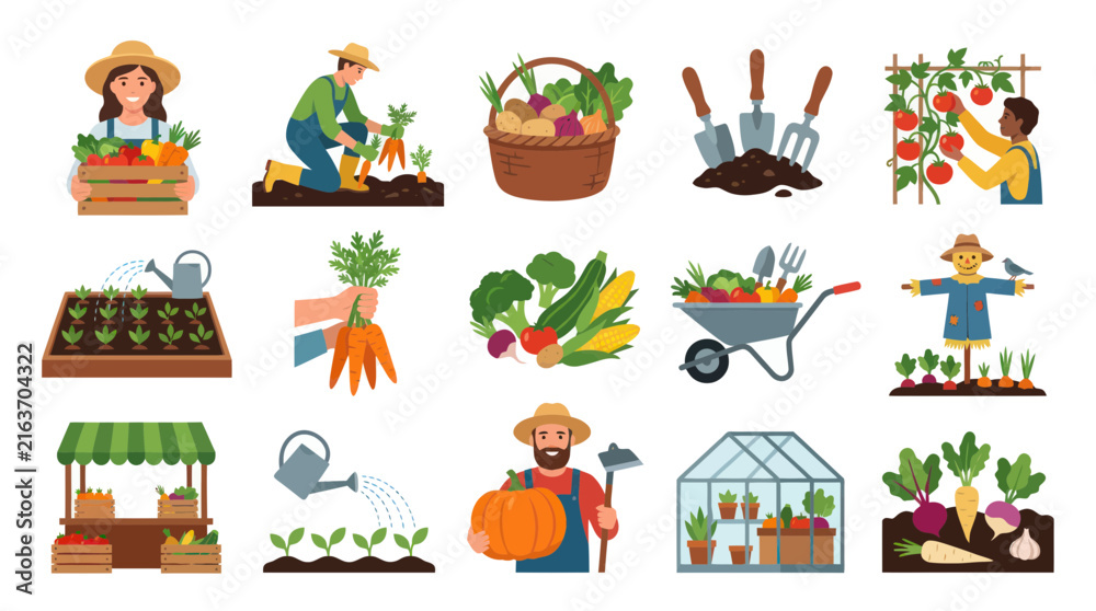 Fototapeta premium Flat Design Gardening and Farming Icons Set with Farmers, Fresh Vegetables, Plants, and Agricultural Tools