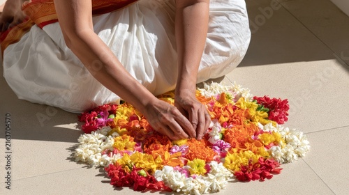 Hands arranging a colorful floral carpet, a traditional Indian decoration called Pookalam, with a person in traditional attire
