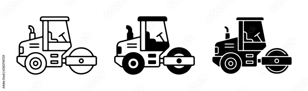 Fototapeta premium Road Roller Icons, Construction Vehicle Vector Graphics, Compactor Machine Set, Heavy Equipment Symbols for Pavement and Asphalt Work