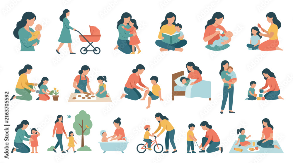 Fototapeta premium Diverse Mothers and Children Activities Flat Vector Icons