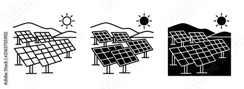Solar Panel Farm Icons, Renewable Energy Collection, Sustainable Power Generation, Clean Electricity Source, Environmental Technology Set