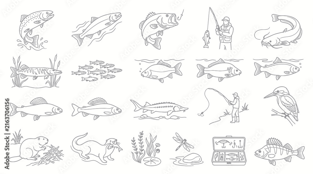Fototapeta premium Fishing Theme Line Art: Fish, Fisherman, Otter, Beaver, Kingfisher, Tackle Box