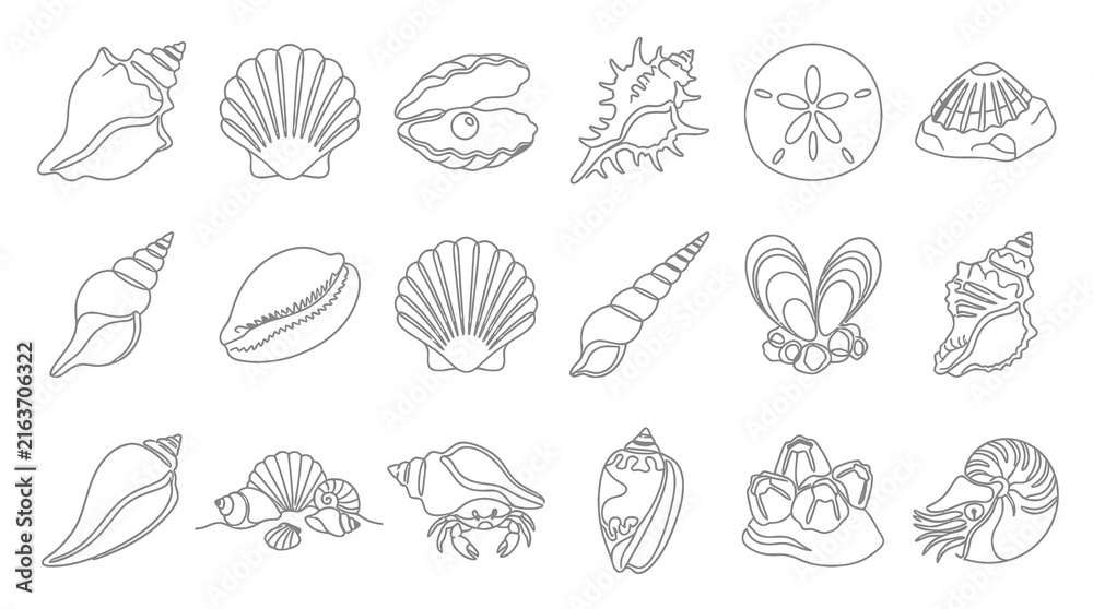 Fototapeta premium Marine Life Seashells and Ocean Creatures Black Line Art Icons Set - Nautical Beach Nature Collection