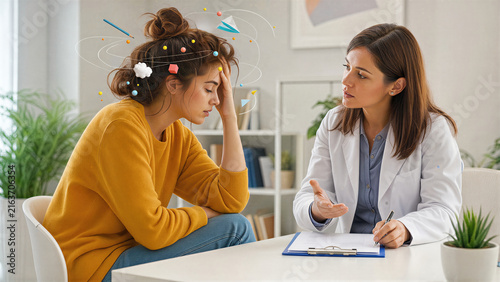 Woman patient with attention deficit hyperactivity disorder consulting professional doctor. Overwhelmed girl experiencing mental chaos during medical therapy session. Psychology clinic treatment.