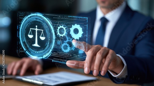 A businessman touching a futuristic holographic interface displaying a scale of justice and gears. The interface signifies legal technology and precision