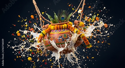 Lord Ganesha Idol with Colorful Flower Splash and Festive Decorations on Dark Background