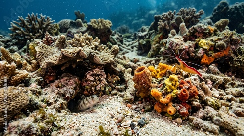 Highly detailed underwater macro photograph of a miniature “reef city” built naturally from coral rubble
