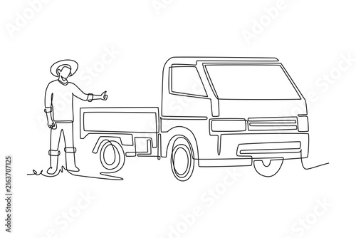 Continuous one line drawing young man farmer wearing straw hat giving thumbs up beside small pickup truck. Agricultural transport and rural harvest. Single line draw design vector graphic illustration