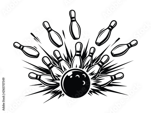 Bowling ball hitting ten pins for strike action in black and white vintage style sport illustration.