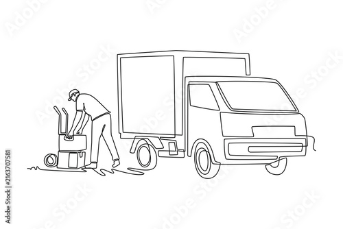 Continuous one line drawing young man courier loading cardboard parcel boxes onto a trolley cart behind a cargo van. Freight delivery and logistics. Single line draw design vector graphic illustration