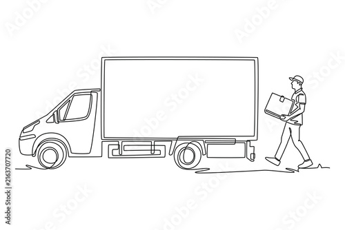 Continuous one line drawing young man courier holding parcel package while walking beside delivery cargo truck. Freight logistics, shipping service. Single line draw design vector graphic illustration