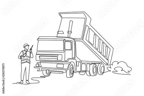 Single one line drawing man operating walkie-talkie beside raised dump truck at construction site, industrial transport and civil engineering. Continuous line draw design graphic vector illustration