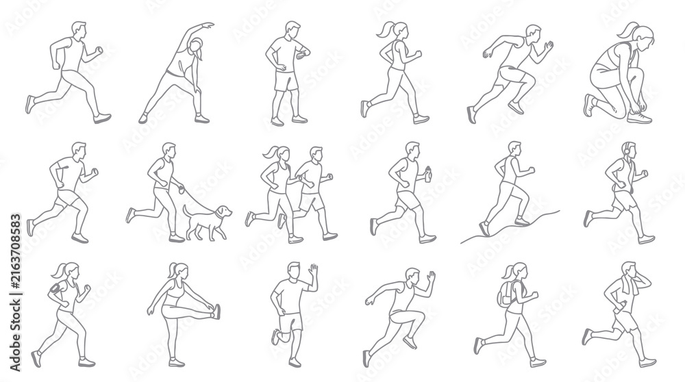 Obraz premium Black and White Line Art of Diverse People Exercising and Running