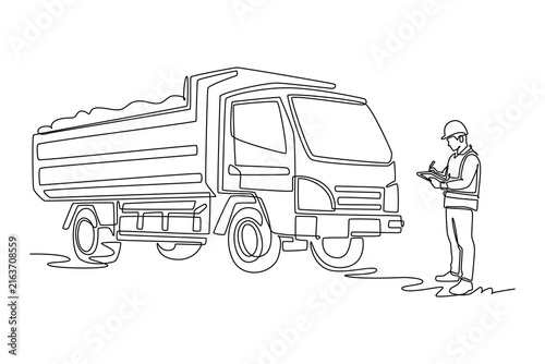 Single continuous line drawing male construction site inspector wearing safety helmet, vest while writing on clipboard beside loaded tipper dump truck. One line draw graphic design vector illustration