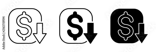 Dollar Sign Down Arrow Icons: Price Drop, Cost Reduction, Financial Decrease, Economic Downturn, Budget Savings, Sale Symbol, Vector Graphics