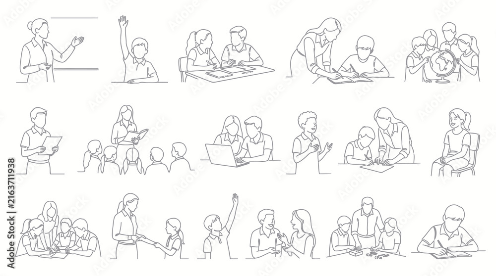 Fototapeta premium Education Line Art Icons: Students Learning, Teacher Teaching, Classroom Activities