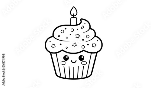 Photography Cute cupcake coloring page with thick outlines for kids black white vector