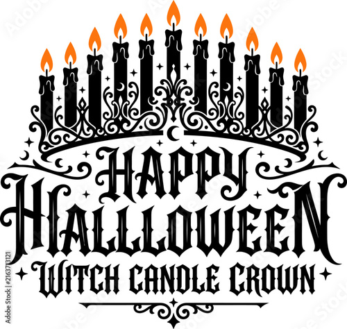 Happy Halloween witch candle crown with flickering flames and ornate filigree decorative design